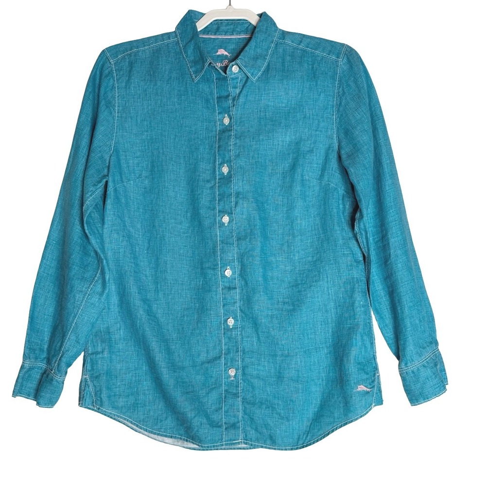 Tommy‎ Bahama Two Palms Linen Button Down Shirt Teal Blue Womens Small